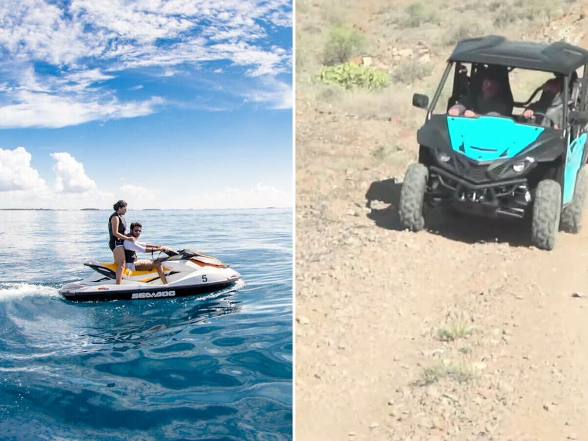 Dos personas en moto de agua sobre el mar y un buggy por una pista de tierra